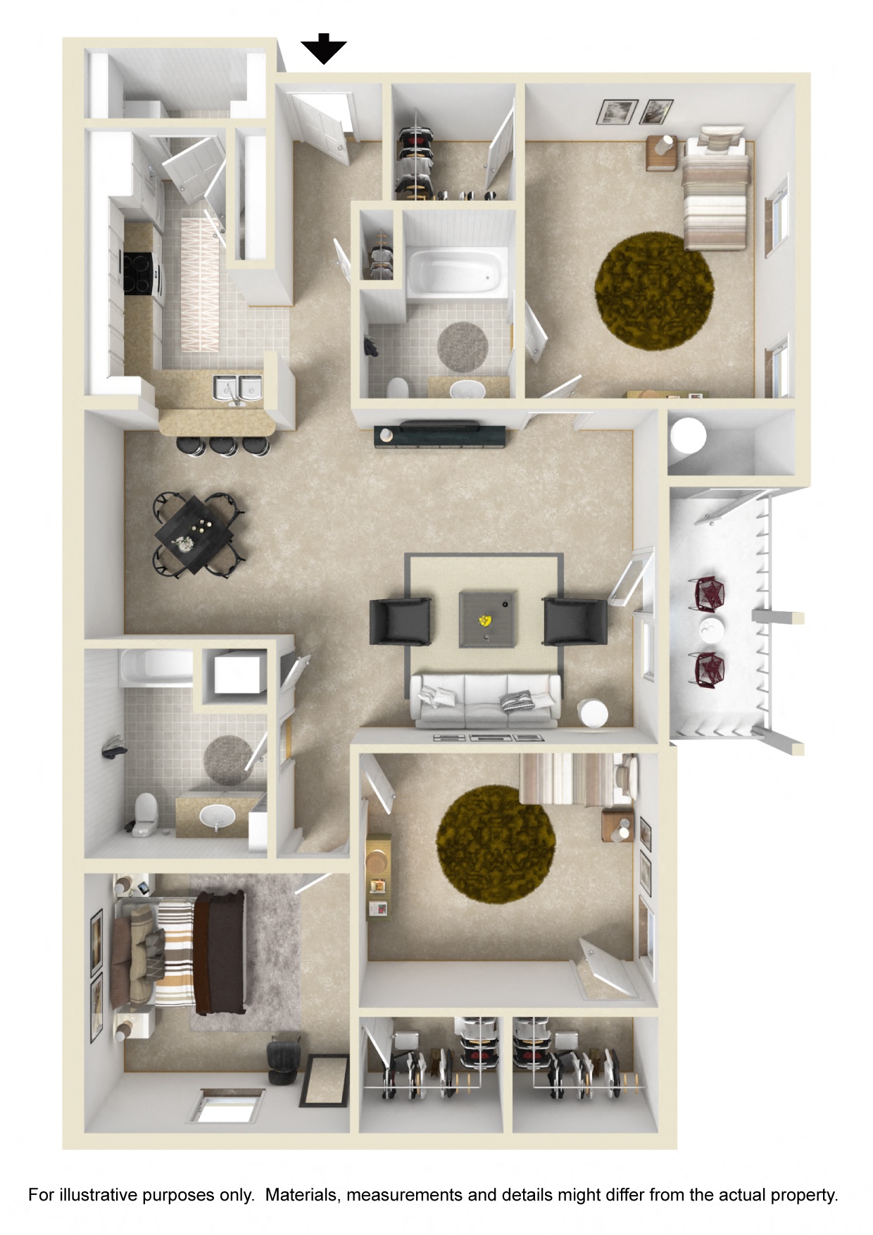 Floor plan for 3 beds, 2 baths, 1433 sqft